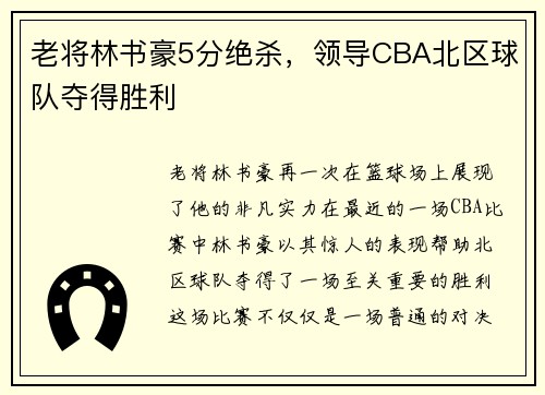 老将林书豪5分绝杀，领导CBA北区球队夺得胜利