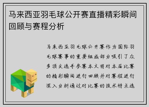 马来西亚羽毛球公开赛直播精彩瞬间回顾与赛程分析